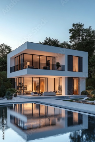 Modern architectural marvel with a sleek pool surrounded by nature on a sunny...