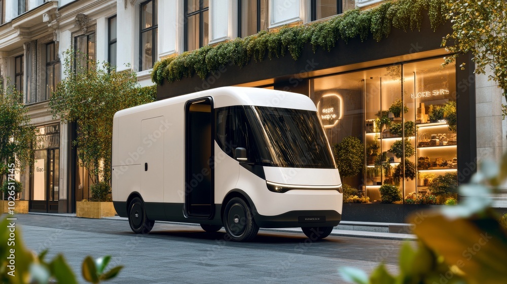 Futuristic cargo van in a city street setting showcasing modern electric delivery vehicle Futuristic cargo van in a city street setting showcasing modern electric delivery vehicle