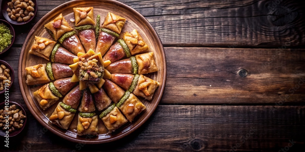 Aerial View of Traditional Baklava on a Rustic Wooden Table for Culinary Delights Aerial View of Traditional Baklava on a Rustic Wooden Table for Culinary Delights