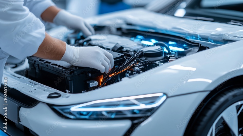 Mechanic inspecting electric car engine components for high-tech automotive diagnostics and repair solutions Mechanic inspecting electric car engine components for high-tech automotive diagnostics and repair solutions