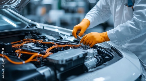 Technician performing electric car maintenance on vehicle battery for automotive repair and service industry