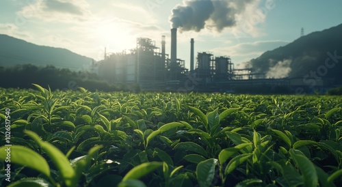 Tea plants flourish in the foreground as a power plant runs under bright sunl...