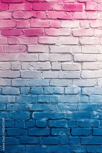 Colorful gradient brick wall painted in shades of pink and blue in an urban s...