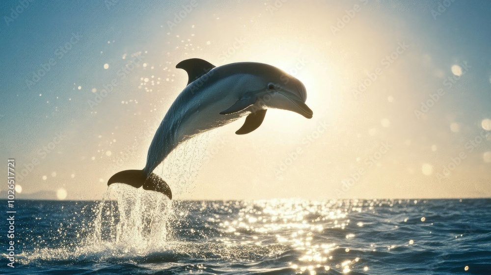 Fototapeta premium Dolphin Jumping in Sunset Over Ocean Waves