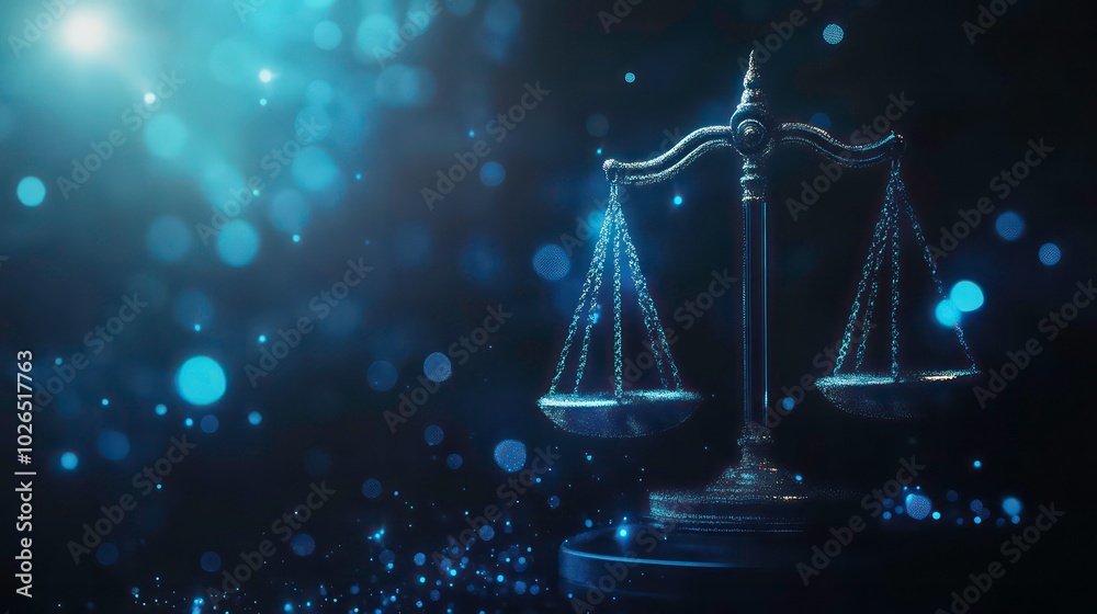 A silver scale of justice on a dark blue background with glitter. A silver scale of justice on a dark blue background with glitter.