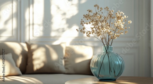 A serene interior scene featuring dried flowers in a blue vase on a wooden table
