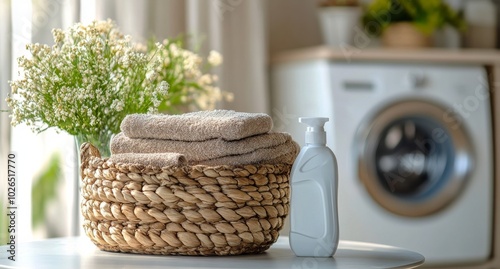 A cozy laundry room with neatly stacked towels and a bottle of detergent on a...