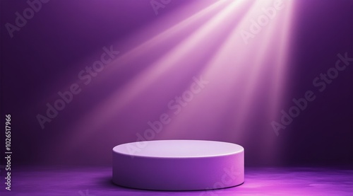 A minimalist stage illuminated by purple lights in a dramatic presentation se...