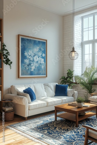 Cozy living room with white sofa and blue accents in modern interior design d...