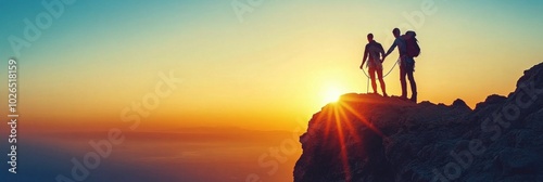 Climbers enjoy a breathtaking sunset view from a mountain summit on a clear e...