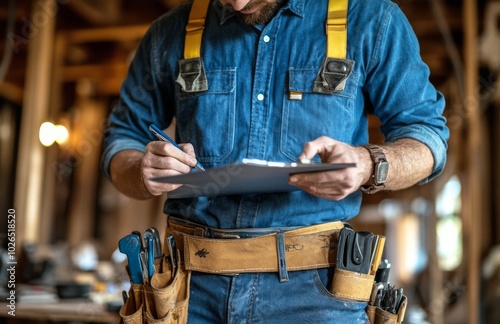Builder inspecting progress with clipboard and tools at a construction site d...