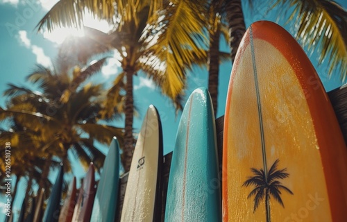 Colorful surfboards lined up against a tropical backdrop on a sunny afternoon...