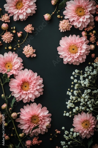 Vibrant pink flowers arranged artistically on a dark background for a strikin...