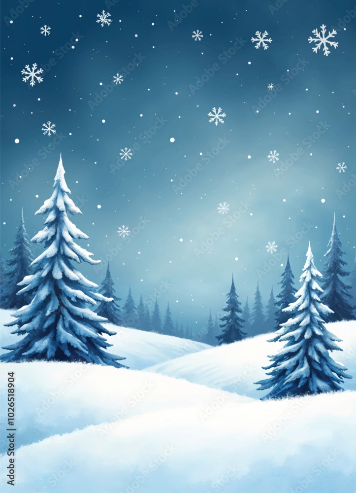 Naklejka premium a winter scene with snow covered christmas trees in snow and snowflakes falling on the background