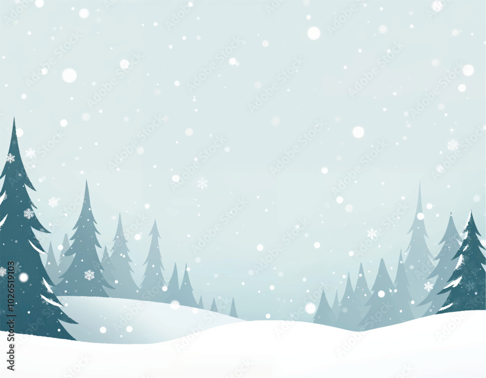 Obraz premium a christmas card with a snow forest and snow covered pine trees in snow with falling snowflakes