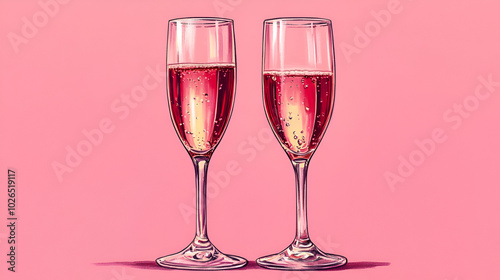 Two elegant champagne flutes filled with sparkling rosé against a soft pink background create a festive and cheerful atmosphere