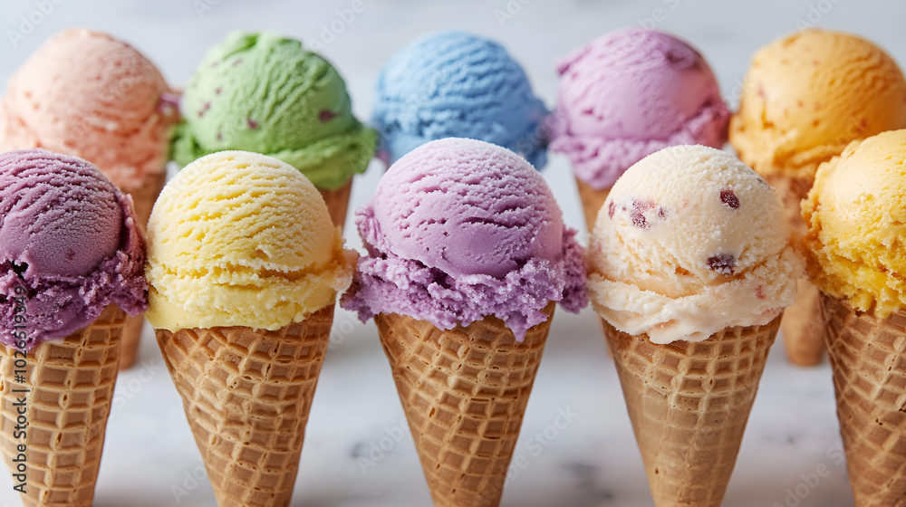 Colorful ice cream cones arranged in a delightful display at a sunny outdoor event in spring, showcasing various flavors and textures Colorful ice cream cones arranged in a delightful display at a sunny outdoor event in spring, showcasing various flavors and textures
