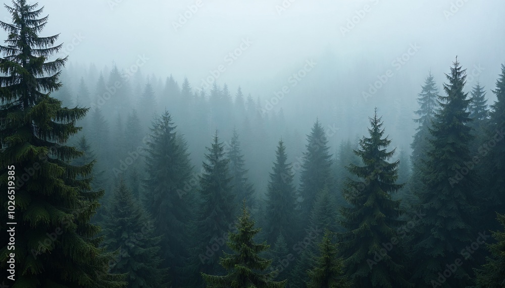 Fototapeta premium Tranquil Foggy Pine Forest Landscape with Misty Atmosphere