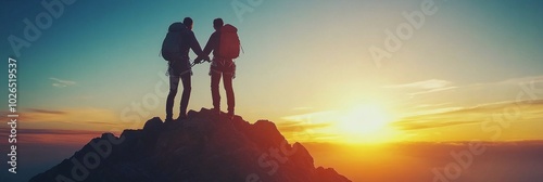 Climbers enjoy a breathtaking sunset view from a mountain summit on a clear e...