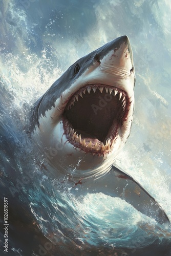 A great white shark breaches the water surface under a clear blue sky during ...