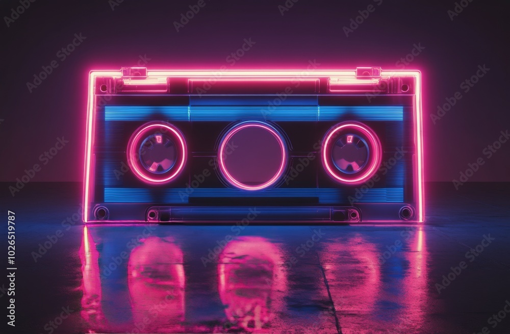Fototapeta premium A vibrant neon cassette tape glowing against a dark background with reflections on the floor