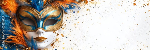 Elegant carnival mask adorned with feathers and glitter in vibrant colors