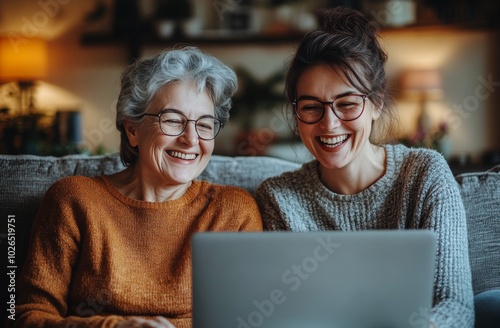 Two women enjoy a joyful moment together while using a laptop in a cozy livin...