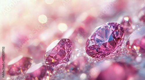 Shimmering pink gemstones scattered elegantly with soft light reflections in ...