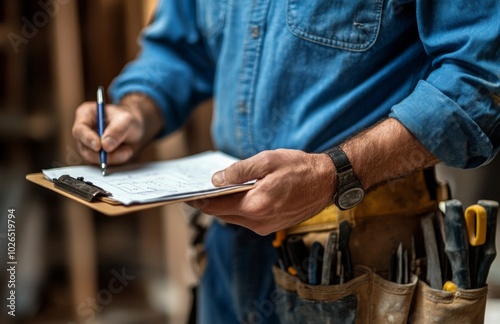 Builder inspecting progress with clipboard and tools at a construction site during daylight