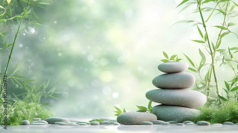 Obraz premium Zen Stones and Bamboo in a Tranquil Green Setting