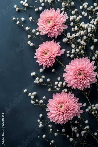 Vibrant pink flowers arranged artistically on a dark background for a strikin...