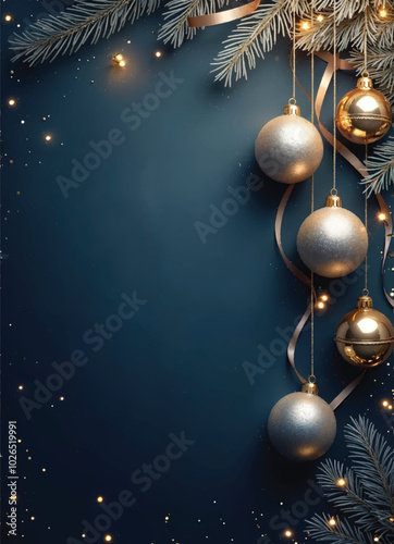 vector of a blue background with gold and silver christmas ornaments with holly leaves and ribbons