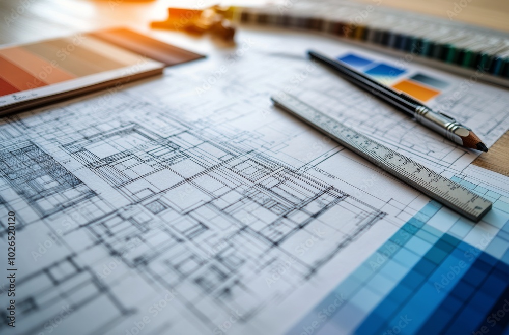 Architectural designs, color palettes, and materials arranged on a workspace table in daylight Architectural designs, color palettes, and materials arranged on a workspace table in daylight