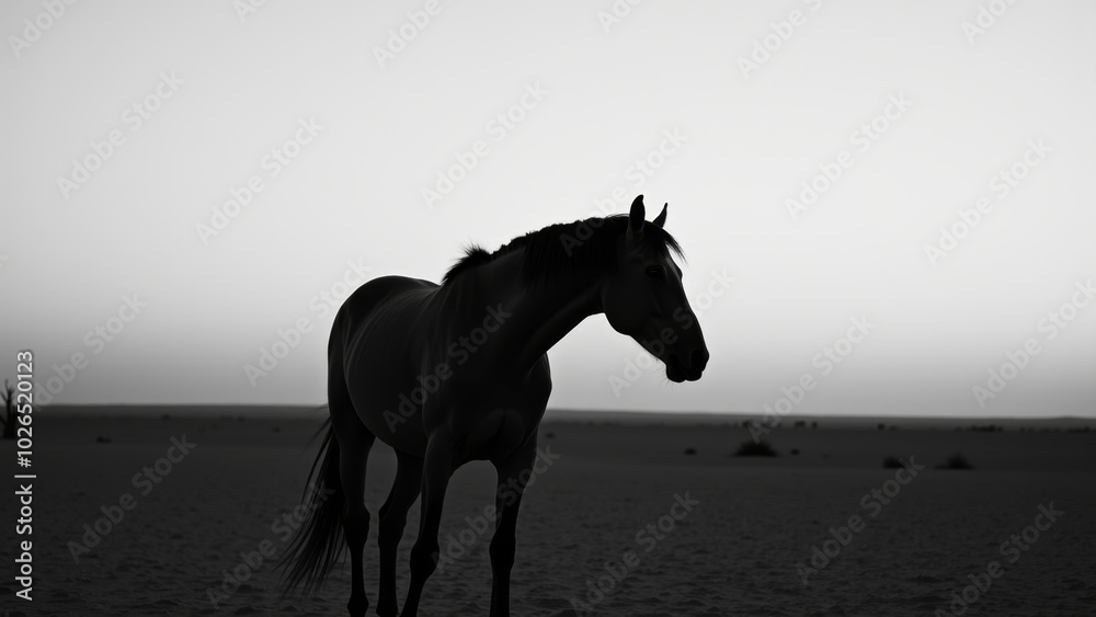 Solitary Wild Horse in Vast Desert Landscape, Black and White Solitary Wild Horse in Vast Desert Landscape, Black and White