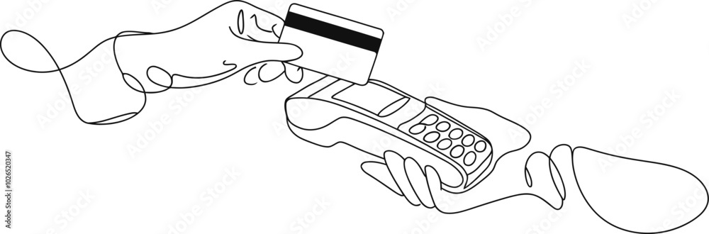 Minimalistic Continuous Line Drawing of a Credit Card Transaction, Vector Illustration on Transparent Background