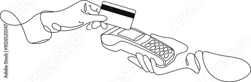 Minimalistic Continuous Line Drawing of a Credit Card Transaction, Vector Illustration on Transparent Background
