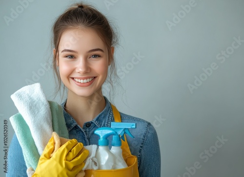 Enthusiastic young woman preparing for cleaning with colorful tools and a bri...