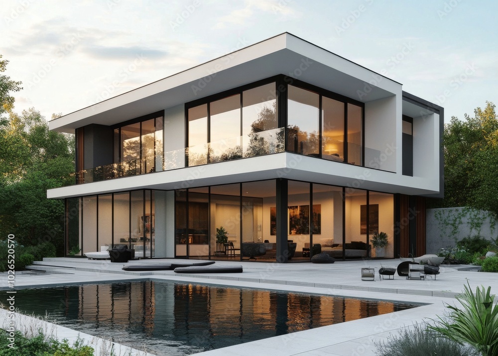 Modern architectural home with a sleek design, pool, and lush greenery in sunny surroundings Modern architectural home with a sleek design, pool, and lush greenery in sunny surroundings