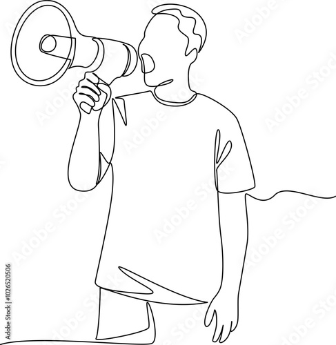 Man using megaphone one line art vector