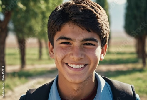 A joyful cute Tajik boy 18 years old beams with happiness as he stands in a picturesque landscape, surrounded by nature beauty during warm, golden hour light. Happy smiling brunette boy. AI generated