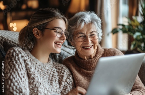 Two women enjoy a joyful moment together while using a laptop in a cozy livin...