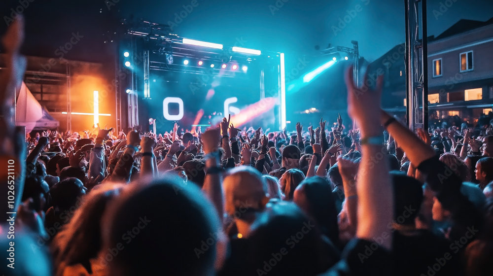 Energetic crowd at an outdoor music concert with colorful stage lights and electronic music atmosphere during nighttime. Energetic crowd at an outdoor music concert with colorful stage lights and electronic music atmosphere during nighttime.