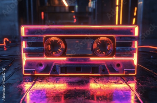 A vibrant neon cassette tape glowing against a dark background with reflectio...