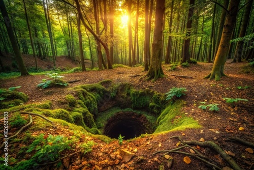 A mysterious large ground hole in a dimly lit forest, captivating nature enthusiasts with its eerie beauty. Explore the wonders hidden in shadowy photo