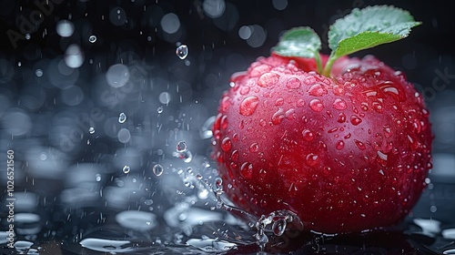 Close-up of a vibrant red apple covered in water droplets, captured mid-splash with a dark, blurred background.
 photo