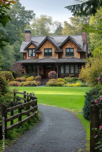 Charming wooden house surrounded by lush greenery and vibrant flowers on a tr...