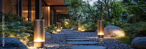 A tranquil evening pathway illuminated by lanterns near a modern home in a lush garden setting photo