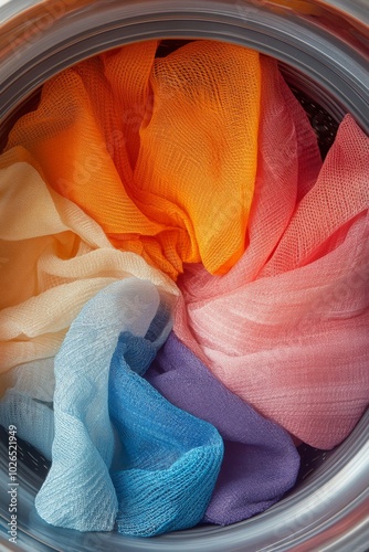 Soft, colorful fabrics swirling in a washing machine during a laundry cycle a...
