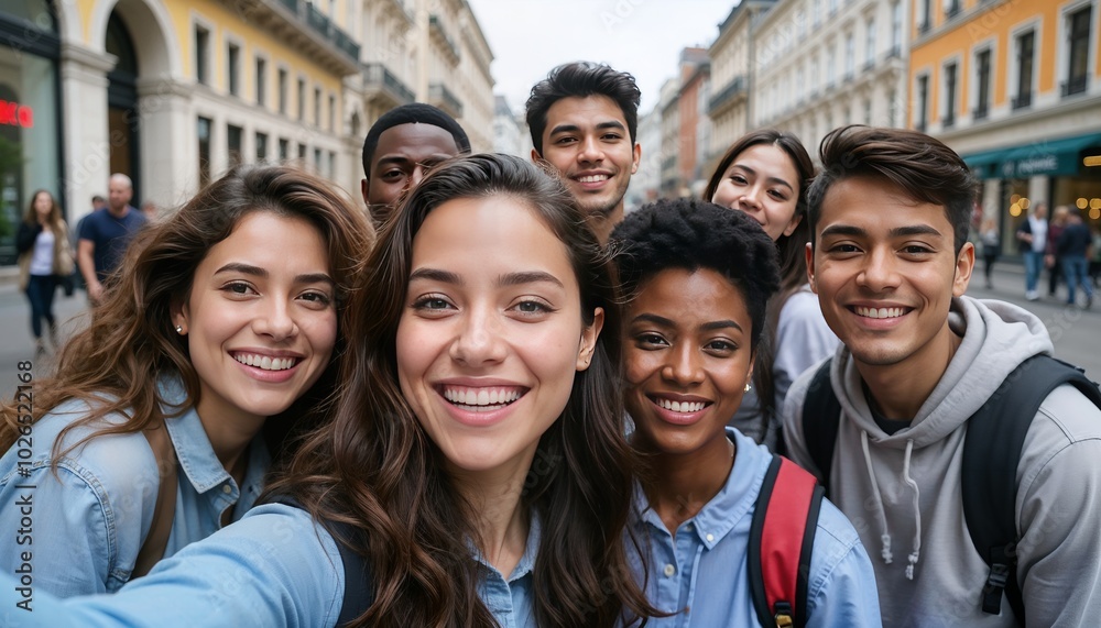 Multiracial group of friends taking selfie picture outdoors Multiracial group of friends taking selfie picture outdoors