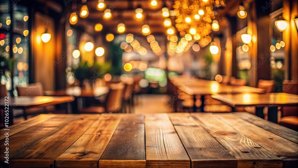 An empty wooden tabletop adorned with soft bokeh lights in a cozy restaurant ambiance, inviting warmth and intimacy, perfect for stock photography